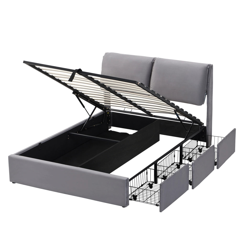Letto imbottito in velluto grigio 140x190 cm con contenitore; 3 cassetti e testiera regolabile