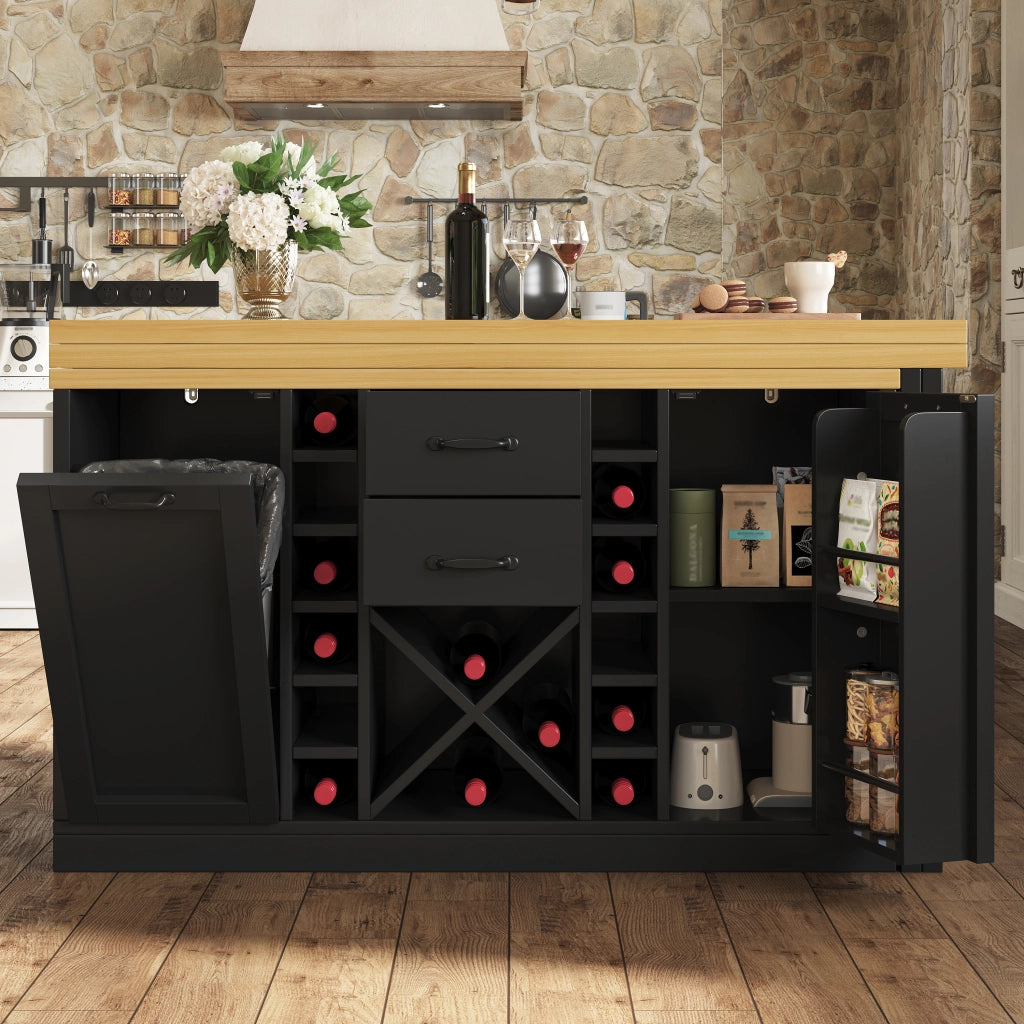 Isola da cucina girevole a 360° con piano in 2 parti; 2 cassetti; portabottiglie e porta pattumiera; nero; 120 × 40 × 73;8 cm