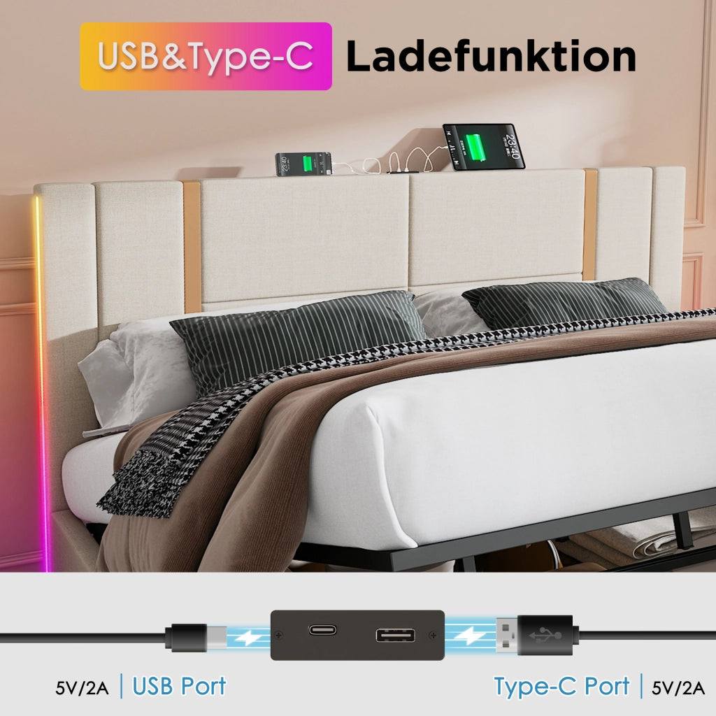 Letto imbottito 160x200 cm beige con LED RGB, USB-C e contenitore