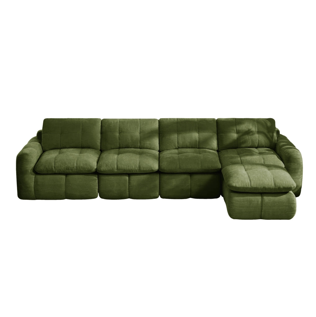 Divano modulare angolare 4 posti con pouf in chenille verde 334x160x68 cm