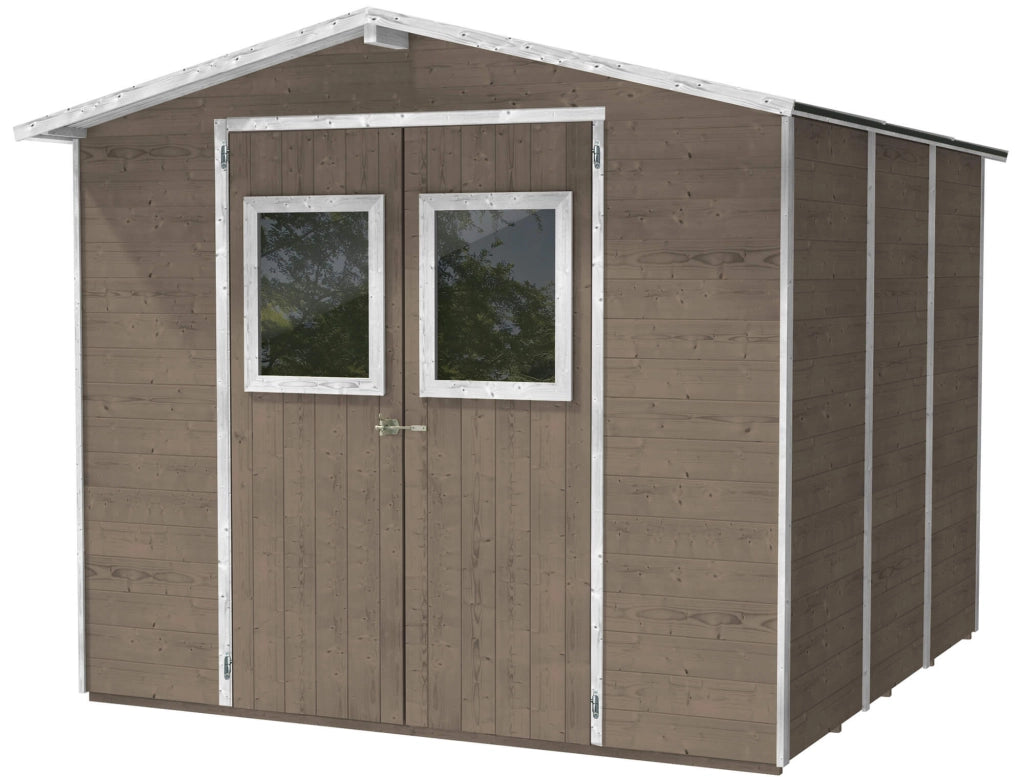 Casette Box da Giardino in Legno Porta Utensili 238x207x214 cm con 2 Porte e Finestre Ecla Tortora