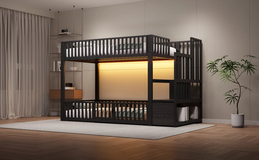 Letto a castello 90x200 cm con scala contenitore e LED, Nero