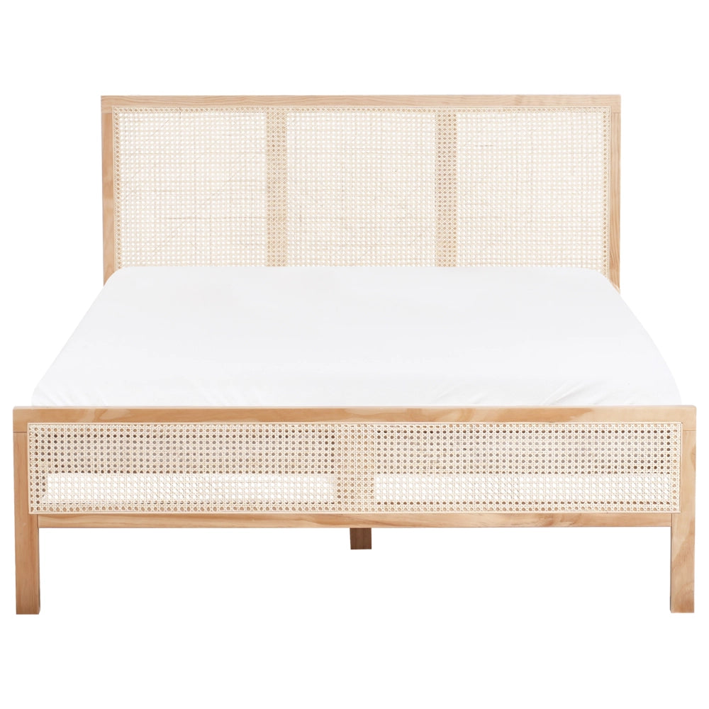 Letto in legno di pino marrone chiaro 140 x 200 cm matrimoniale con testata a treccia viennese a doghe stile rustico minimalista
