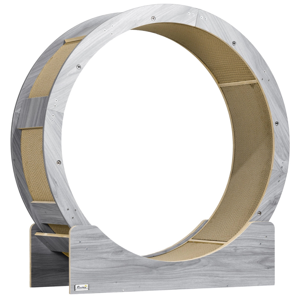Ruota per gatti 91 cm con freno, tappetino tiragraffi, legno, grigio