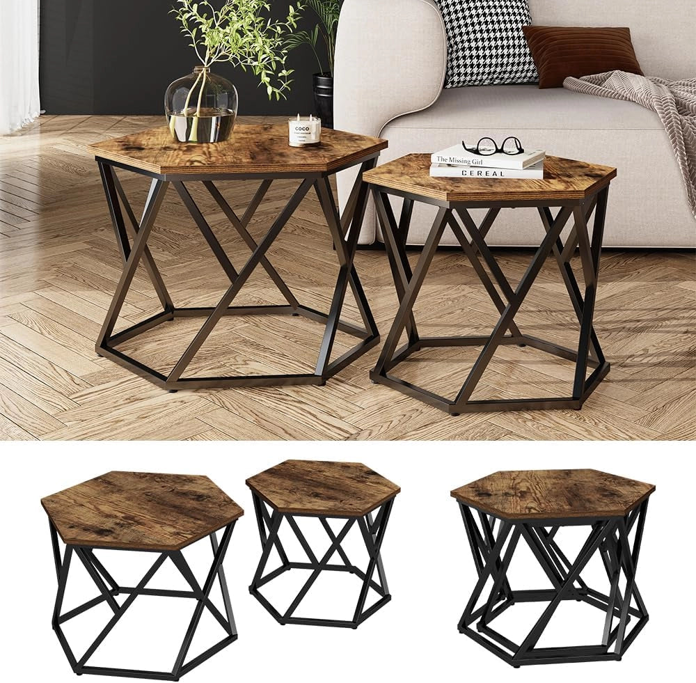 Set di tavolini Fyrk, Rovere rustico, 57 x 57 cm 2 parti, pieghevole salvaspazio e combinabile in modo versatile