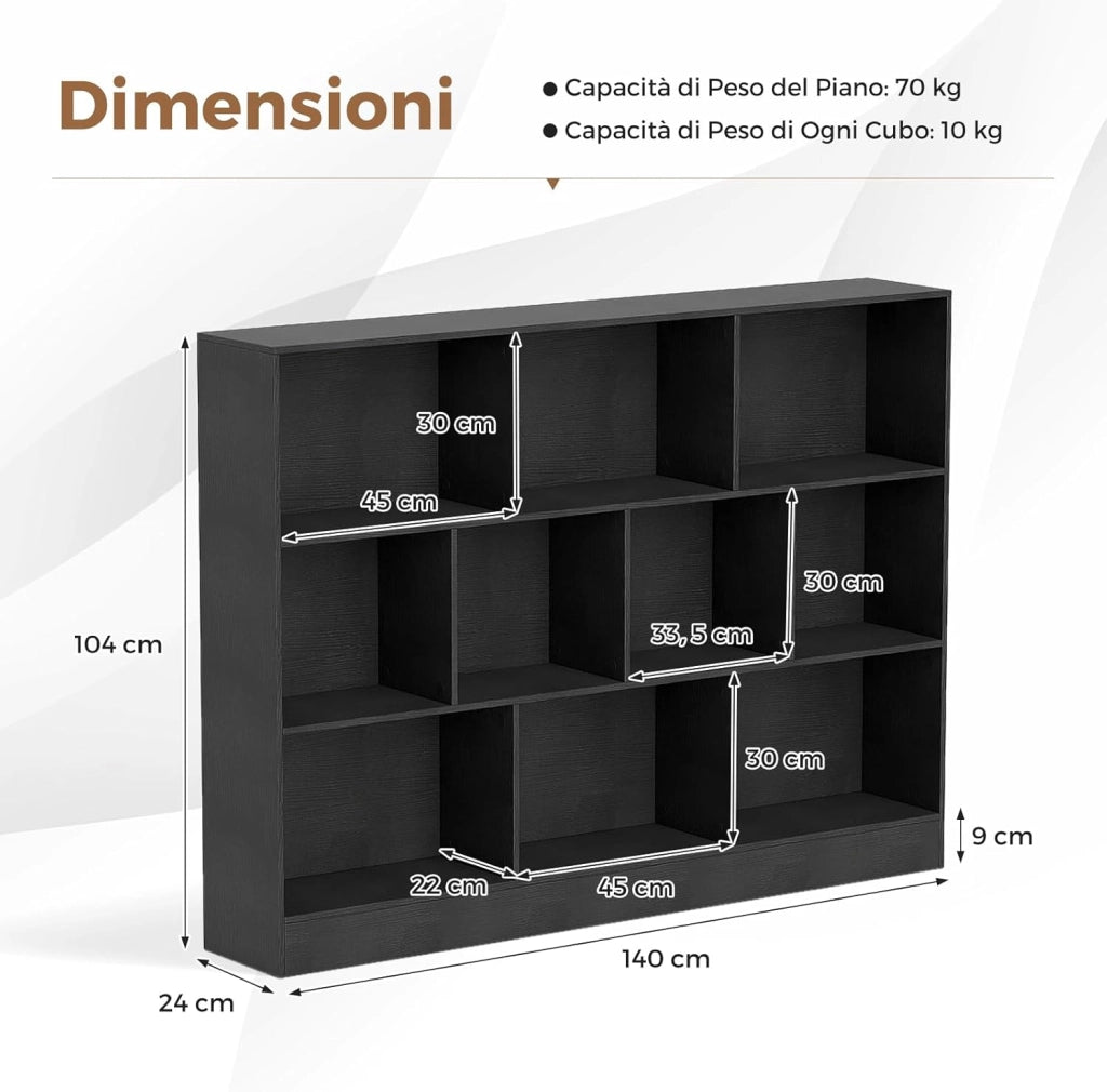 COSTWAT Libreria a 10 Cubi, Organizzatore di Stoccaggio a 3 Ripiani con 2 Kit Anti-Ribaltamento, Scaffale Multiuso in Legno per Soggiorno Camera da Letto Ufficio, 140x24x104 cm (Nero)