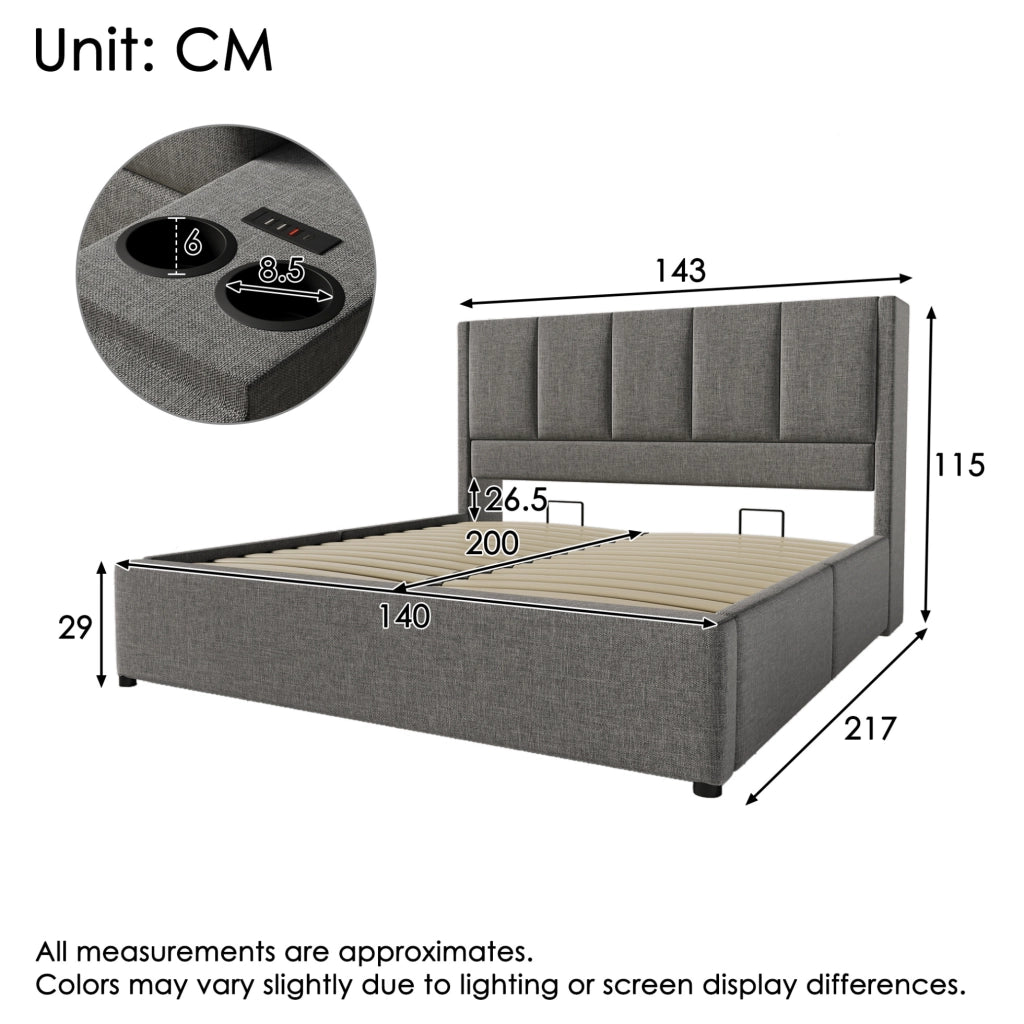 Letto matrimoniale imbottito 140x200 cm in lino grigio con contenitore; USB e portabicchieri