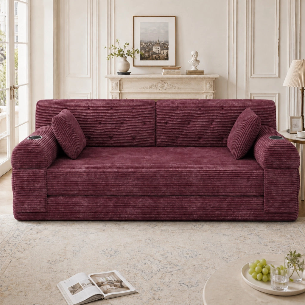 Divano letto in tessuto a coste con schienale alto, 4 tasche laterali e 2 portabicchieri, rosso vino 168 × 80 × 81 cm