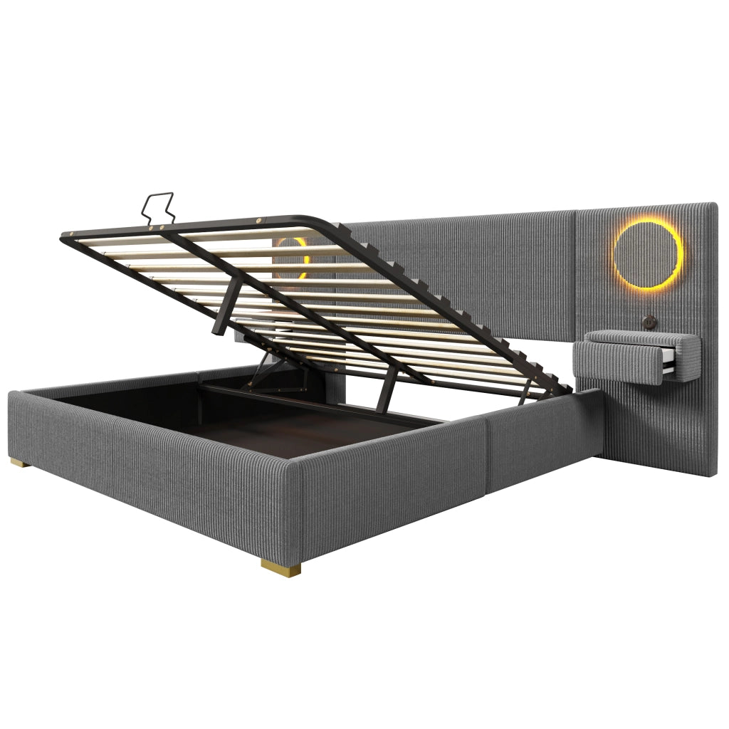 Letto contenitore 180 × 200 cm con sollevamento idraulico LED USB rivestito in velluto grigio