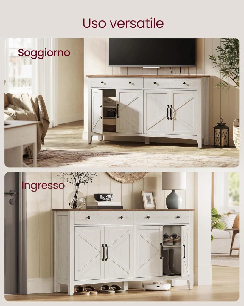 VASAGLE Credenza Cucina, Mobiletto con Cassetti, Mobile con Ante e Ripiani Regolabili in Altezza, Stile Farmhouse, per Soggiorno Sala da Pranzo, 40 x 140 x 80 cm, Bianco Rustico e Noce Medio BBK381W02
