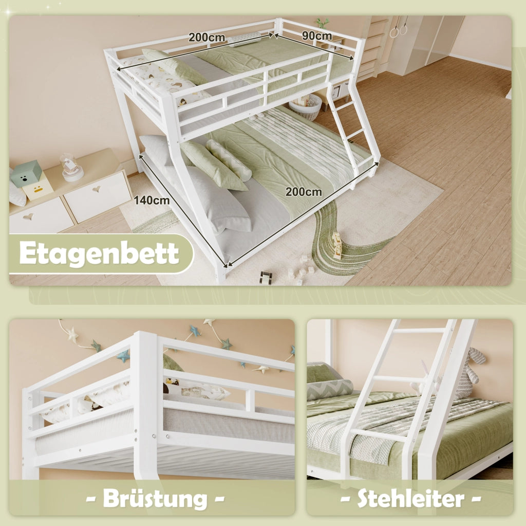 Letto a castello in metallo 90x200 e 140x200 cm bianco