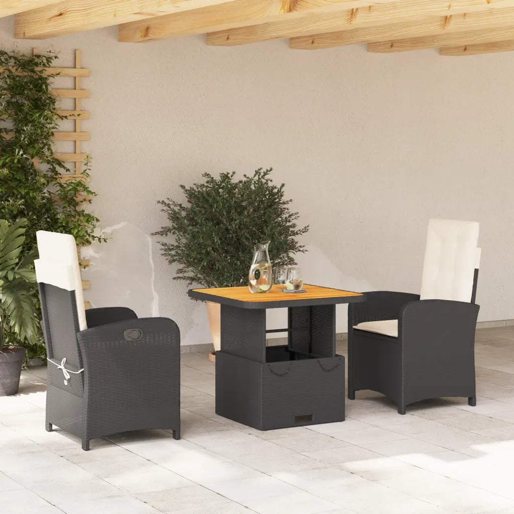 Set da Pranzo da Giardino 3 pz | Set Salotto da Giardino con Cuscini Nero in Polyrattan