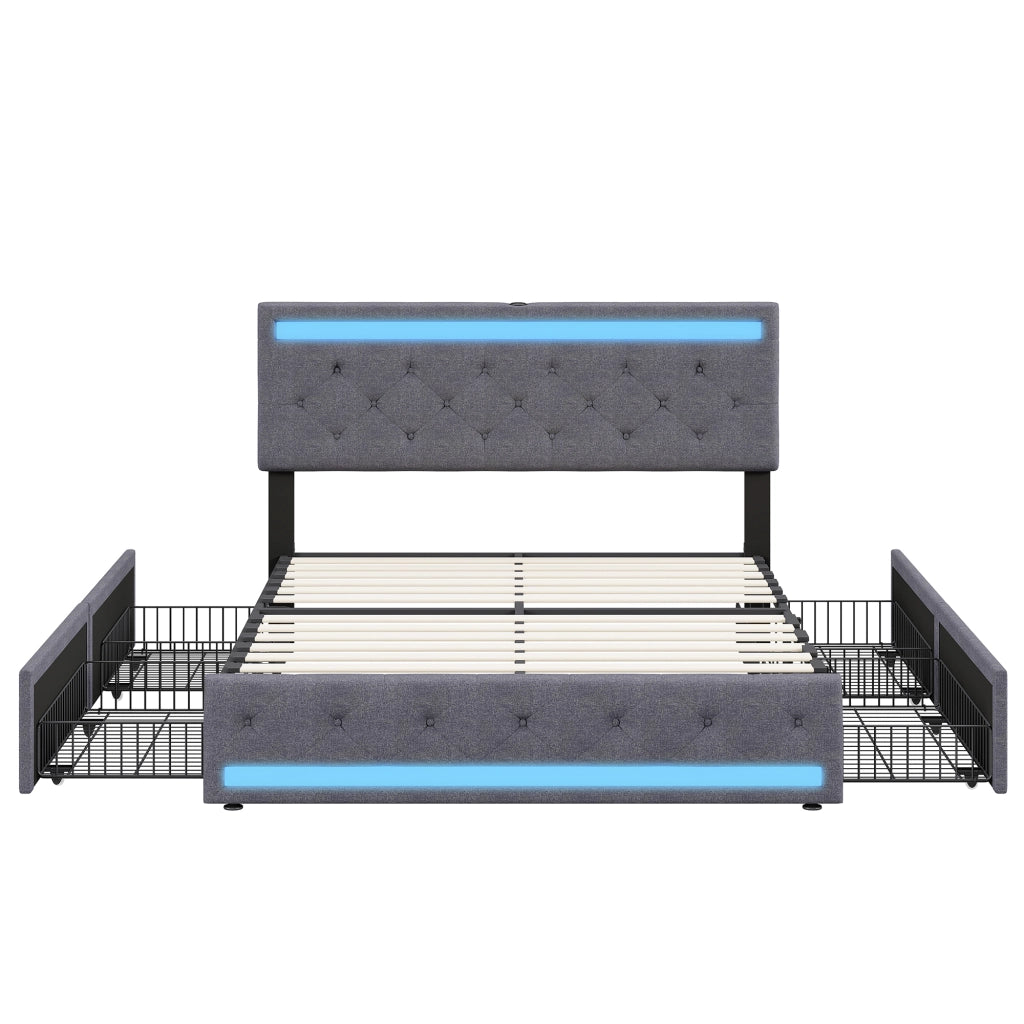Letto 160x200 cm con contenitore; LED e USB in legno e MDF grigio scuro