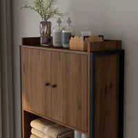 kleankin Scaffale Sopra il WC, Mobiletto per Bagno con 2 Ante e Vano, 68 x 25,5 x 172,5 cm, Marrone e Nero