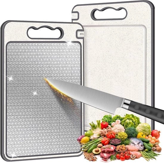 Tavolo da Cucina in Acciaio Inox e Plastica 2 in 1 con Scavino per Succo e Lame per Affettare - Sicuro per il Lavarostoviglie - Ideale per Carne e Verdure