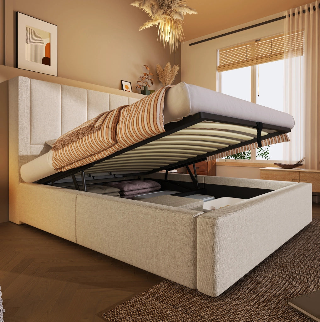 Letto imbottito 90x200 cm beige con materasso, contenitore idraulico e ricarica USB-C