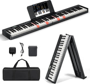 Tastiera Elettronica 88 Tasti Illuminati, Pianoforte Digitale Pieghevole Portatile con Custodia, Sustain Pedali, Modalità di Insegnamento, MP3/USB/MIDI/Bluetooth (Nero)