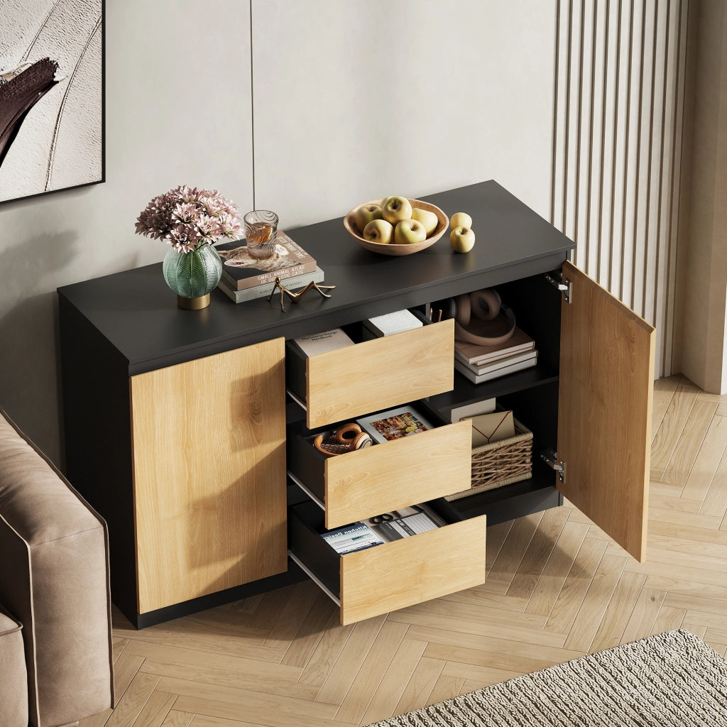 Cassettiera con 3 Cassetti e Armadio con Ante ¨C Zephmum ¨C Nero Rovere