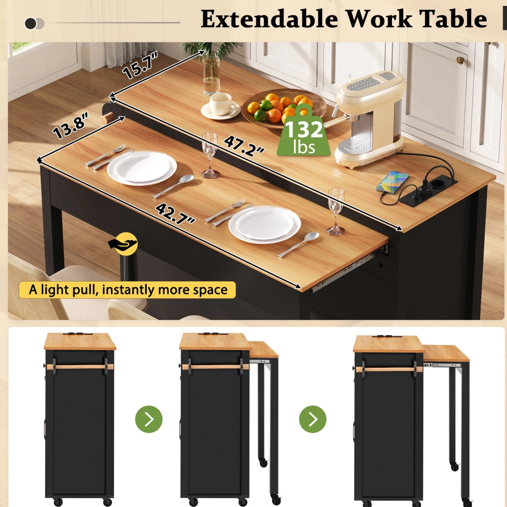 Isola da cucina mobile con piano estraibile; prese USB e Type-C; vano rifiuti; MDF nero