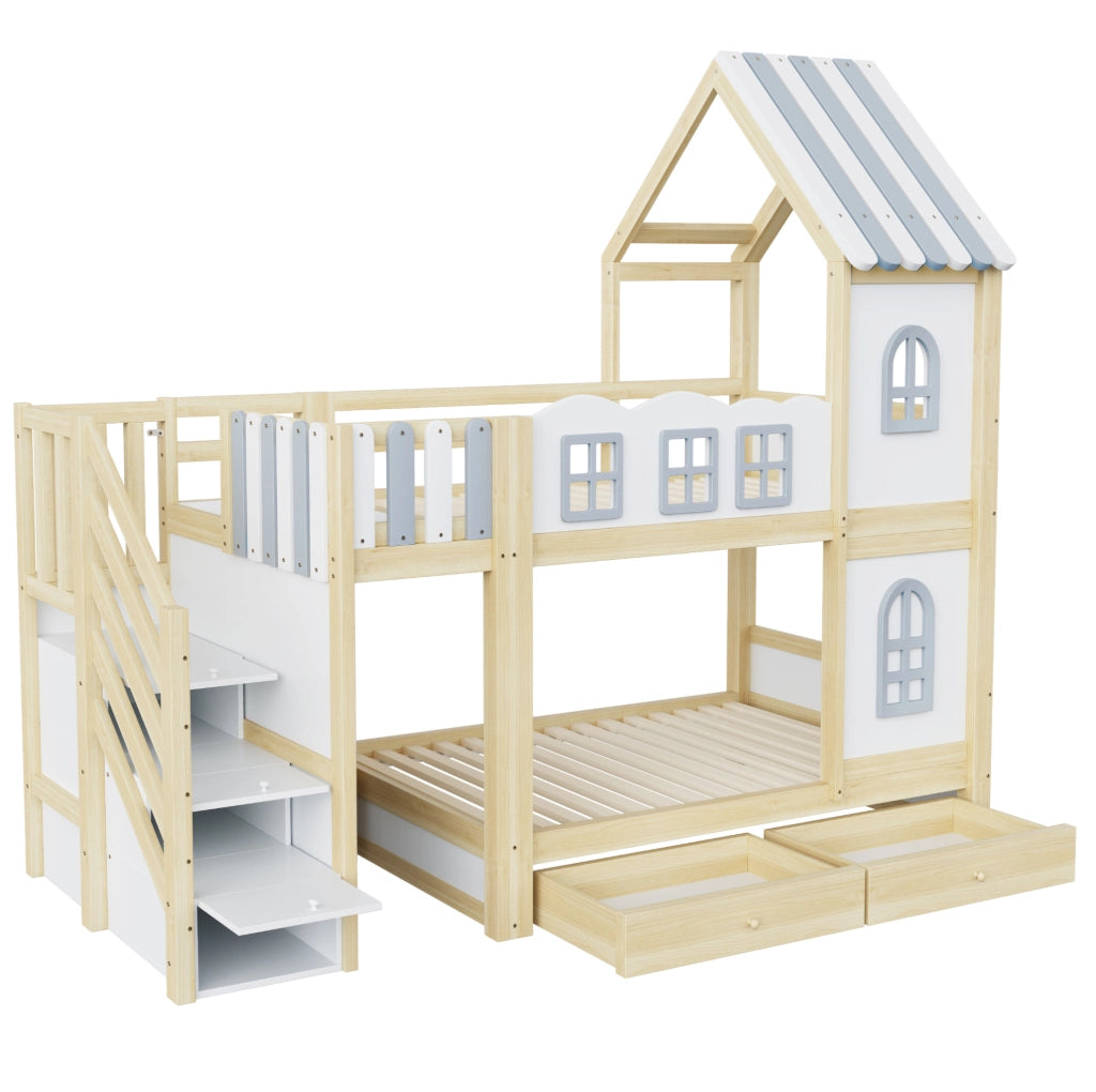 Letto a castello per bambini a casetta 90x200 cm con scala contenitore; bianco grigio legno naturale