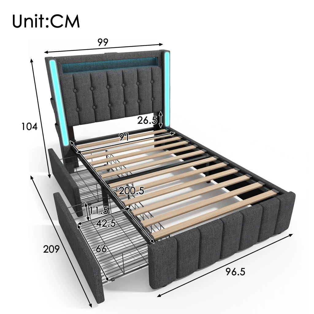 LETTO Singolo 90x200 cm in Lino Grigio con USB Type-C, LED e 2 Cassetti