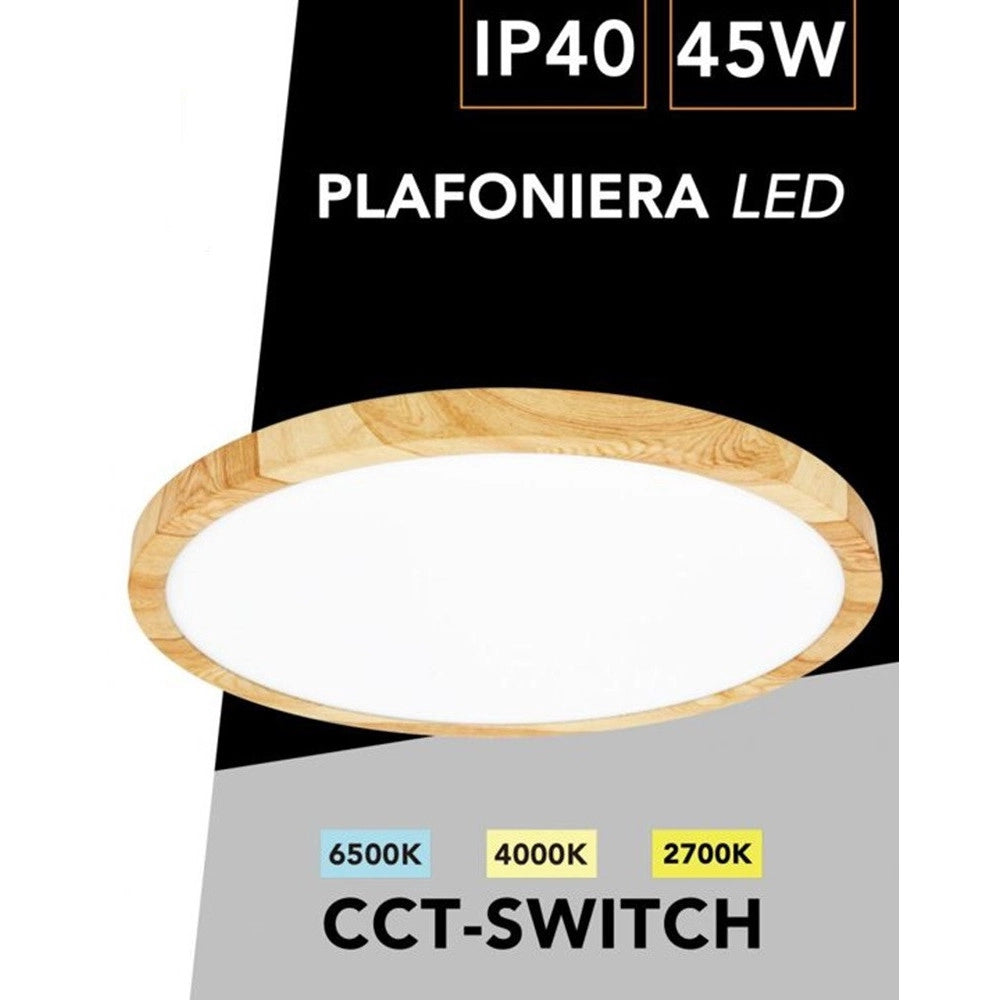 Trade Shop - Plafoniera A Led Slim 45 W Ip40 Con Tecnologia Cct Da 6500k A 2700k Con Switch Lv600-3c - Legno Chiaro