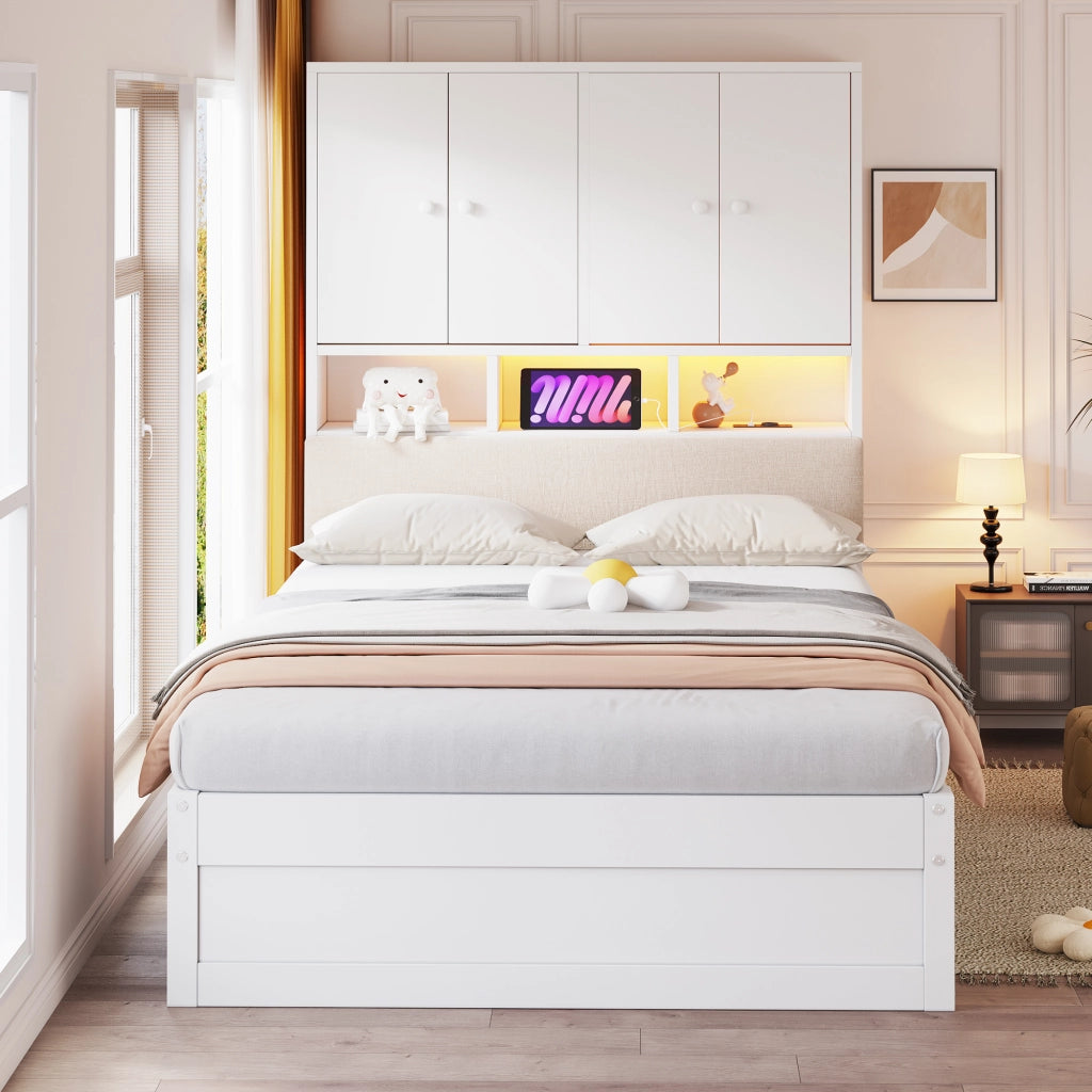 Letto singolo per bambini 90x200 cm con testiera imbottita; vani; LED; presa elettrica; cassetto e rete; legno bianco