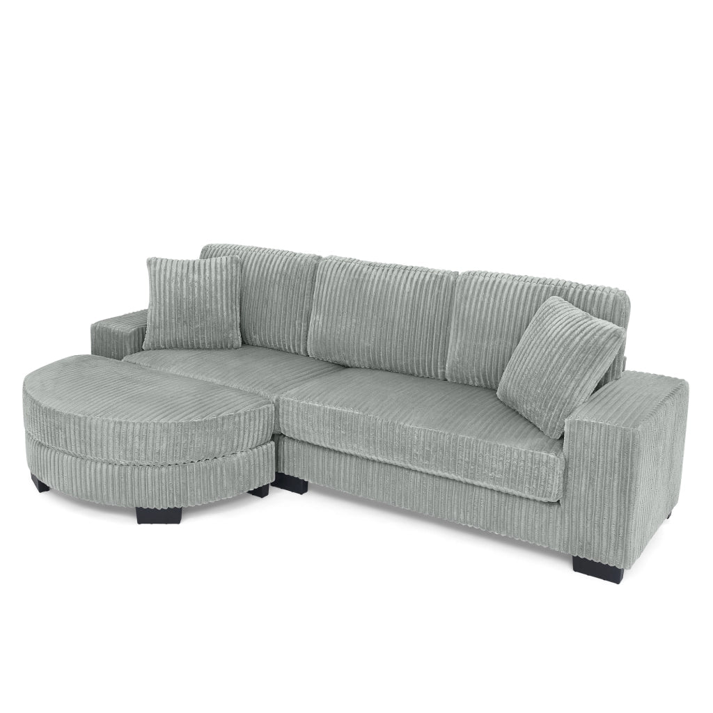 Divano angolare 4 posti - con pouf ovale reversibile e 2 cuscini - in corduroy - grigio