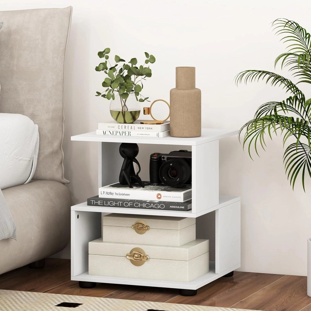 Set di 2 tavolini bianchi comodino comodino in legno, piccola libreria a 3 livelli, tavolino da caffè con piedini antiscivolo, tavolo d'accento moderno per camera da letto, 39,5 x 39,5 x 45 cm