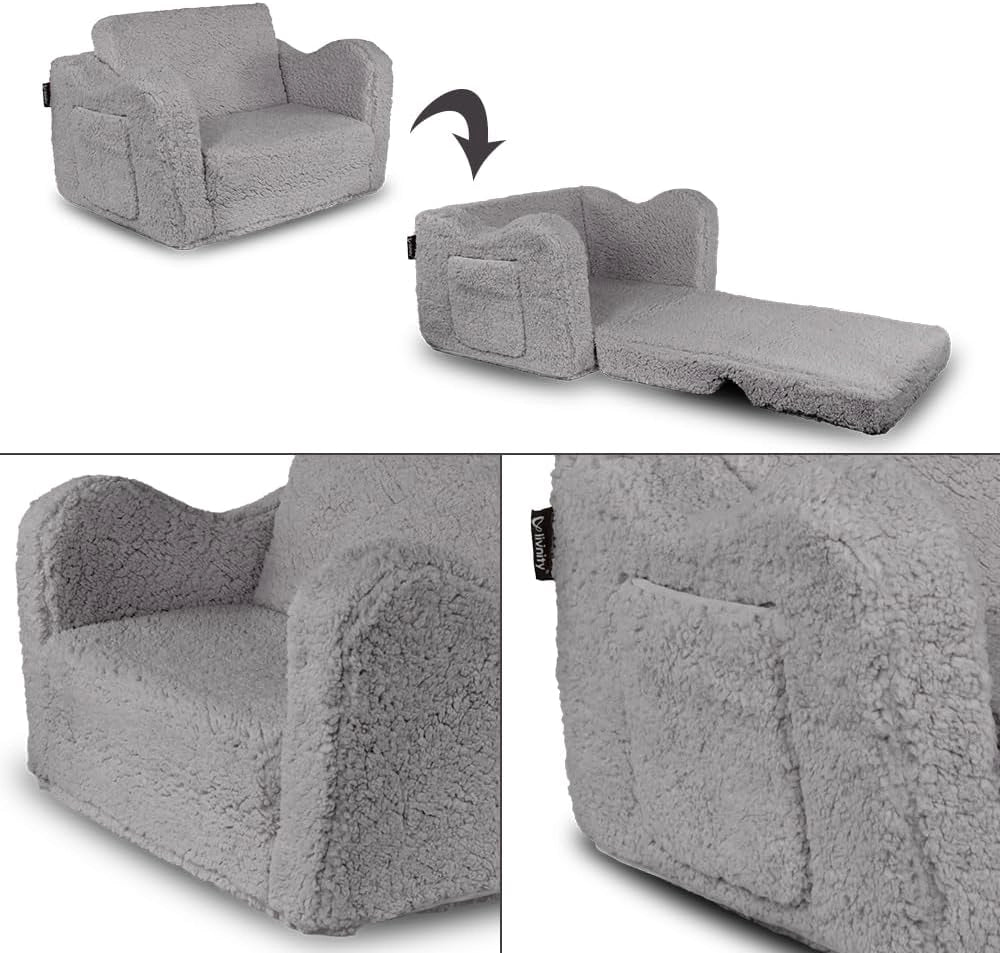 Poltrone per bambini Conni, Grigio, 60 x 36 cm Pieghevole, con rivestimento rimovibile e seduta pieghevole