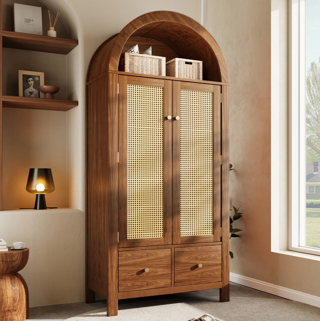 Armadio guardaroba 181x78x45 cm in MDF e metallo; effetto noce con ante in rattan