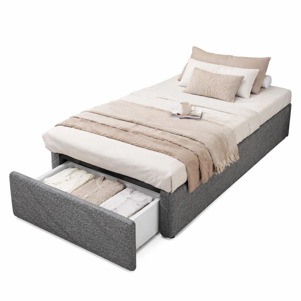 Letto imbottito 90x200 cm grigio con contenitore idraulico e cassetto