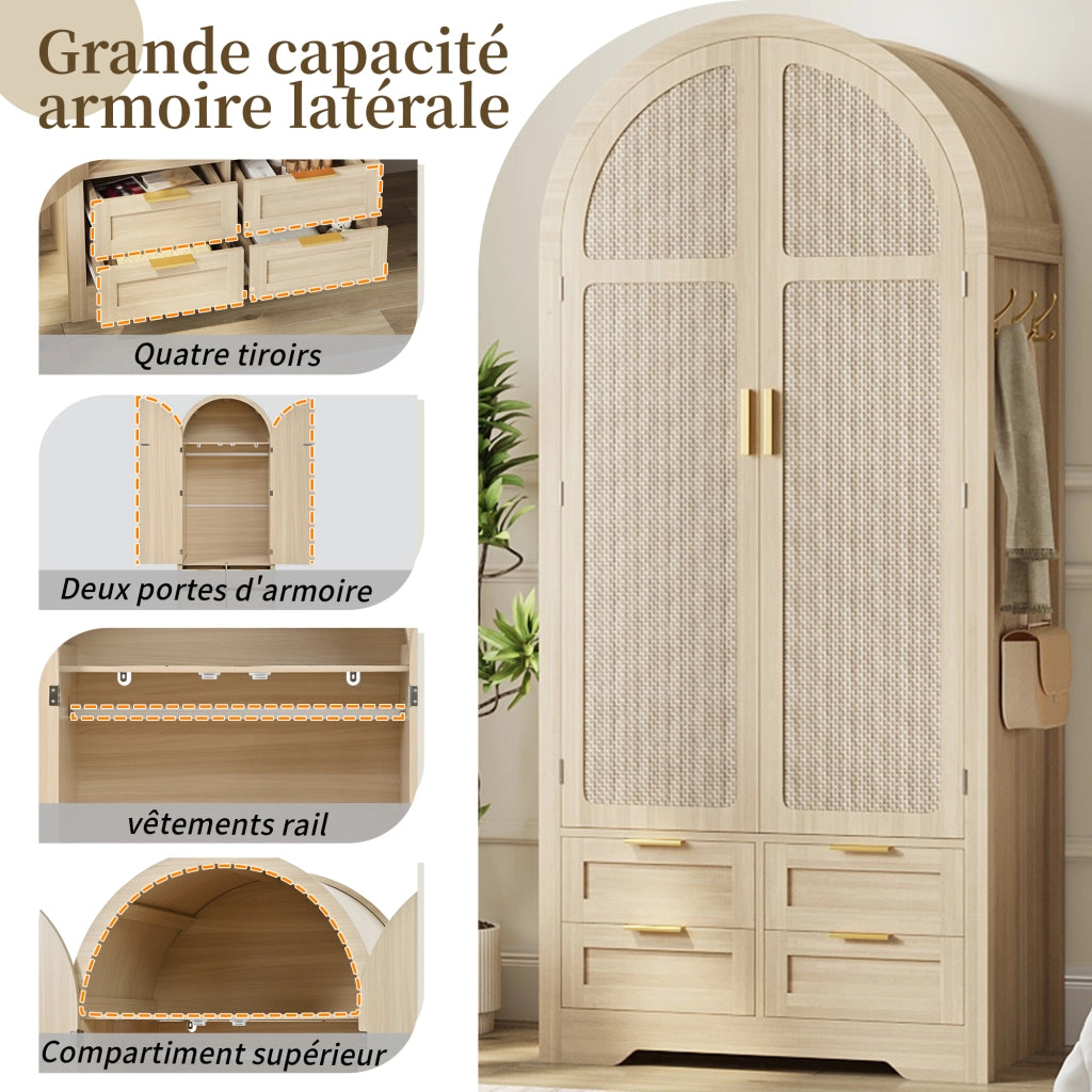 Armadio con ante curve, bastone appendiabiti e cassetti, in MDF rovere, per camera da letto e ingresso, 80 × 50 × 179 cm