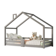 Letto Casetta Letto Singolo 90×200 cm con Sponde di Sicurezza e Tetto con Camino; senza Materasso; Grigio