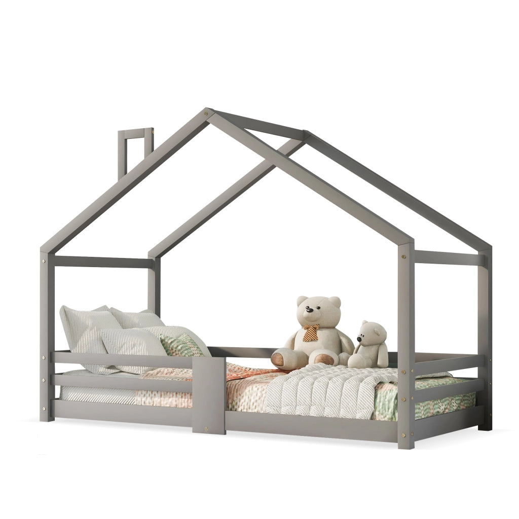 Letto Casetta Letto Singolo 90×200 cm con Sponde di Sicurezza e Tetto con Camino; senza Materasso; Grigio