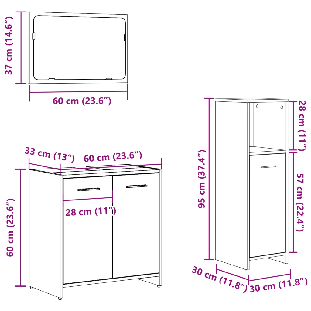 Set mobili bagno 3 pezzi Rovere nero Legno ingegnerizzato