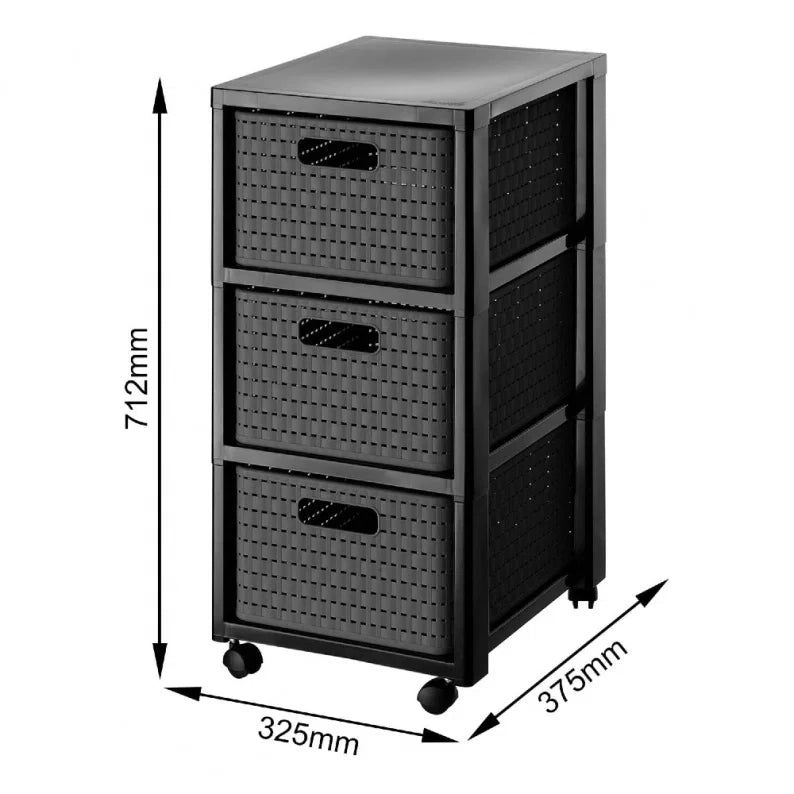 Rotho Country Contenitore Arrotolabile con 3 Cassetti in Rattan, Plastica (PP) senza BPA, colore Grigio (Antracite), 3 x A4/18 L, 37.5 x 32.5 x 71.2 cm