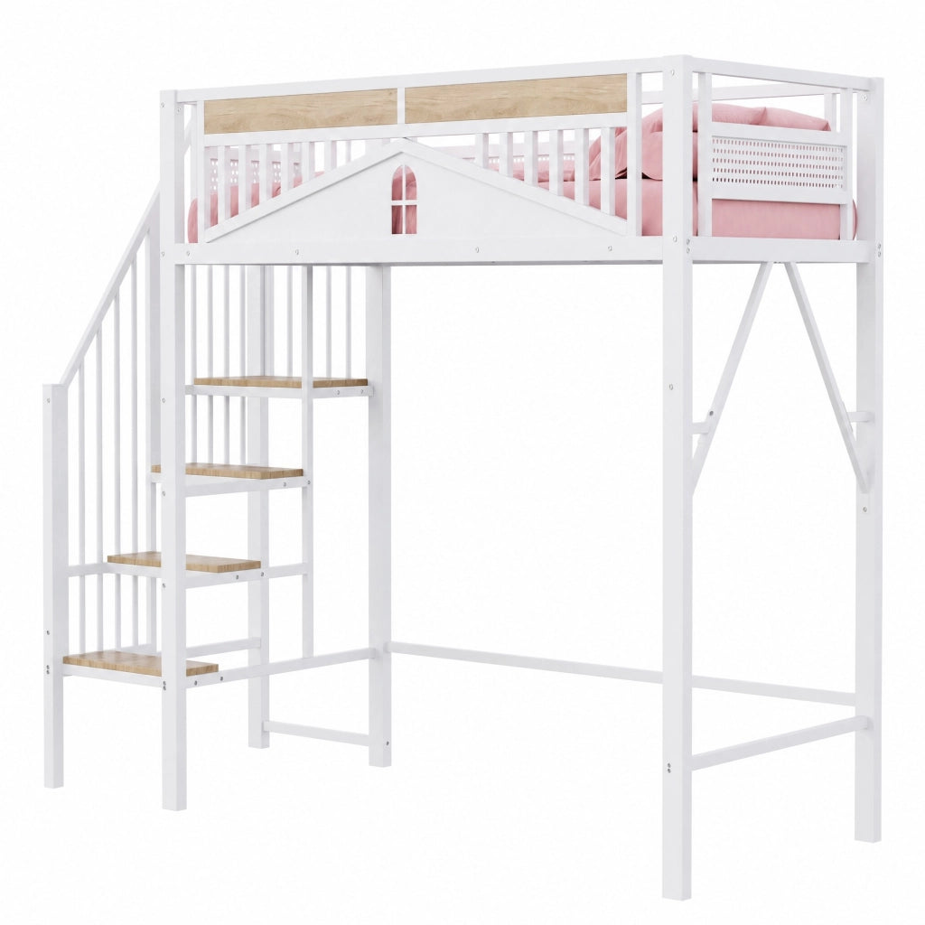 Letto a soppalco 90x200 cm in metallo e legno; con scala laterale; bianco
