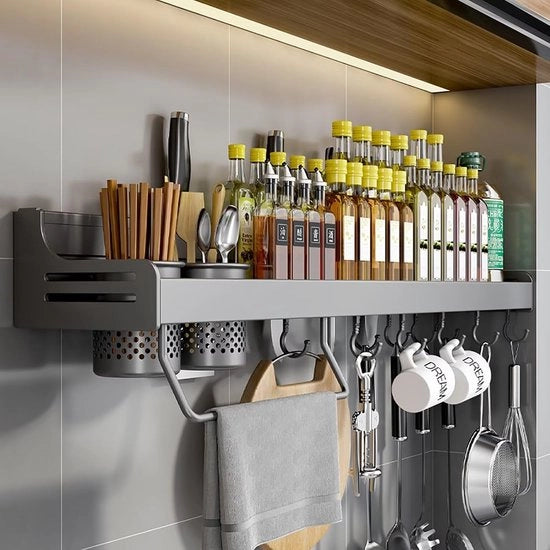 Kruidenrek con 10 ganci e 2 bicchieri - organizzazione cucina - grigio - 60 cm