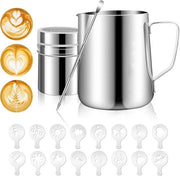 Cappuccino in stampo - miscelatore di latte - caffè - Set di miscelazione (con Art Pen) - 350 ml miscelatore di latte + Aghi per latte art + contenitore di zucchero + 16 stampi per cappuccino