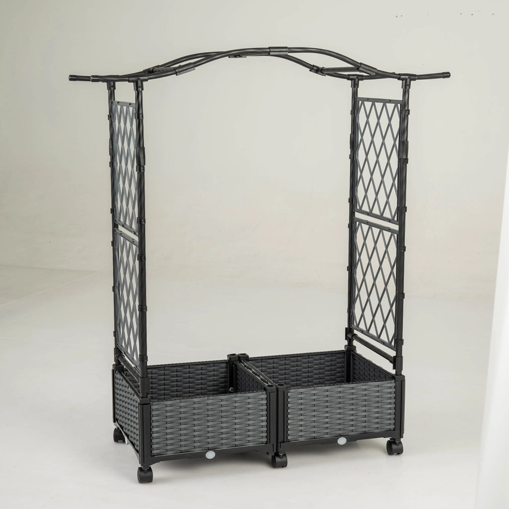Cassette per piante con irrigazione automatica graticcio e tetto-letto da giardino rialzato su ruote bloccatili rattan impermeabile Grigio