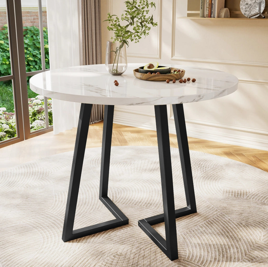 Tavolo da pranzo rotondo 80 cm in MDF effetto marmo; bianco; con base in metallo