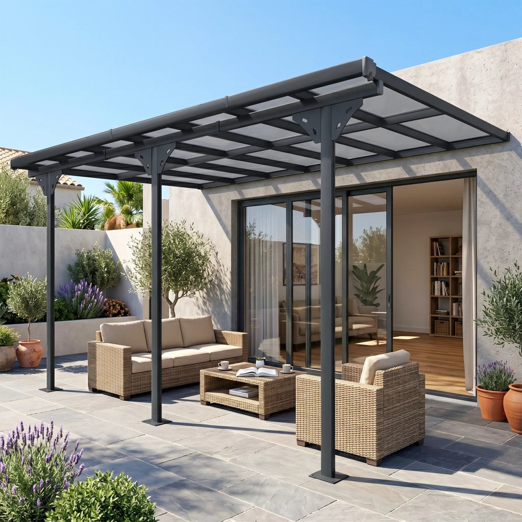 Pergola Addossata da Giardino ¨C zephmum ¨C Grigio Policarbonato Alluminio 440x300cm