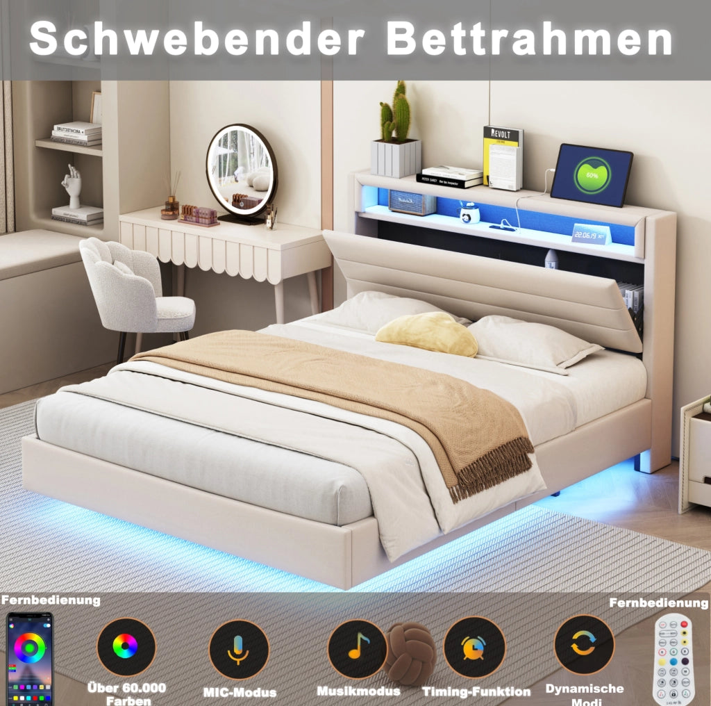 Letto imbottito 140x200 beige con LED, USB e testiera girevole