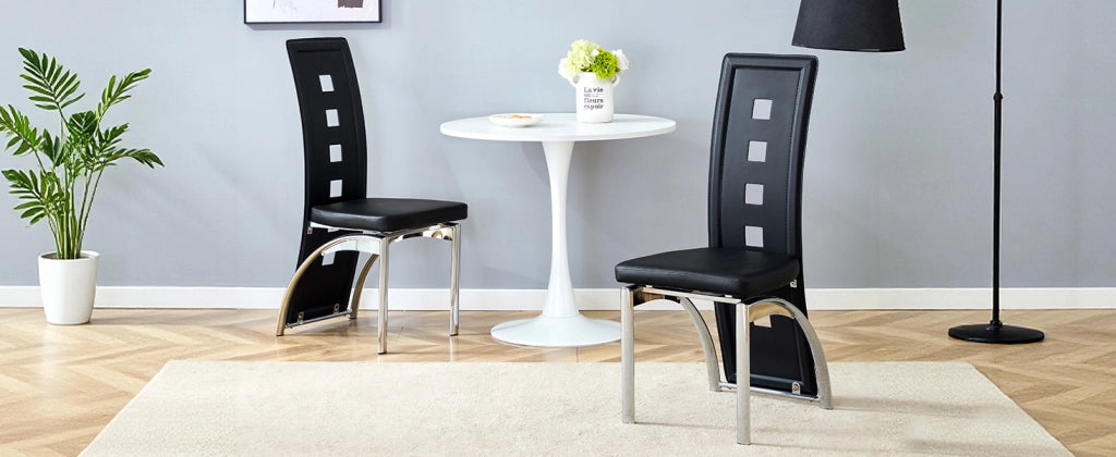 Sedie da Pranzo Set 2 Pezzi con Schienale Traforato ¨C MINIMAL ¨C Ecopelle Nera, Gambe in Metallo, 102.5 cm