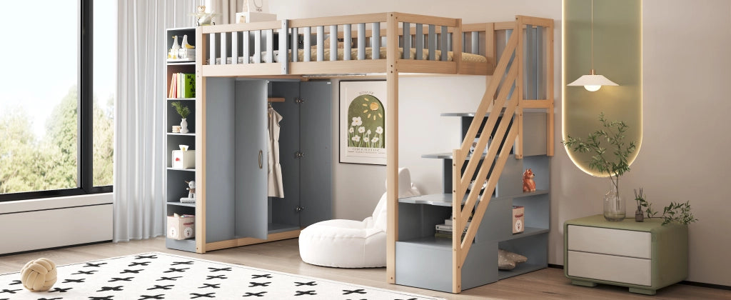 Letto a castello grigio e legno naturale con funzione contenitiva 90x200 cm