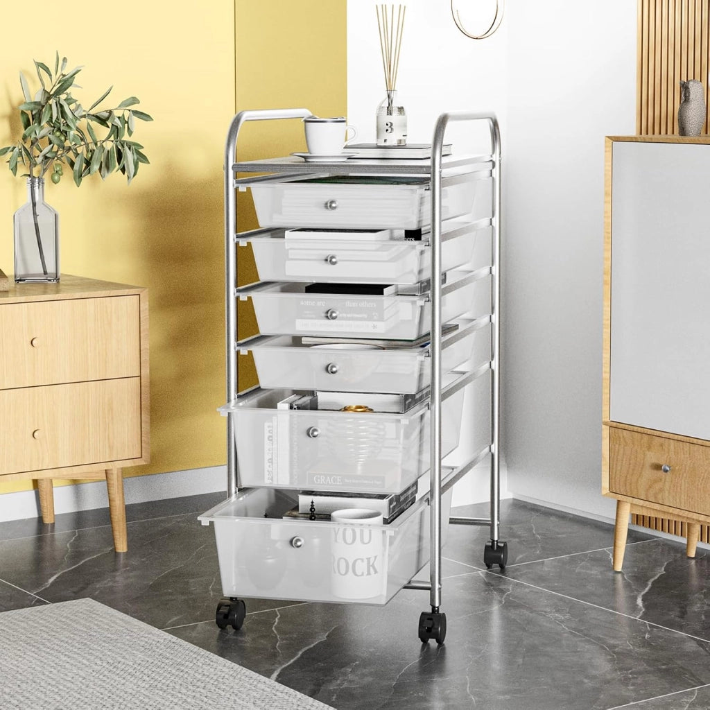 6 Cassetti Carrello di Conservazione, Torre di Stoccaggio Scrivania su Rotelle, Carrello con Ruote Bloccabili con Telaio in Metallo, Ideale per Ufficio, Soggiorno, Camera da Letto (Trasparente