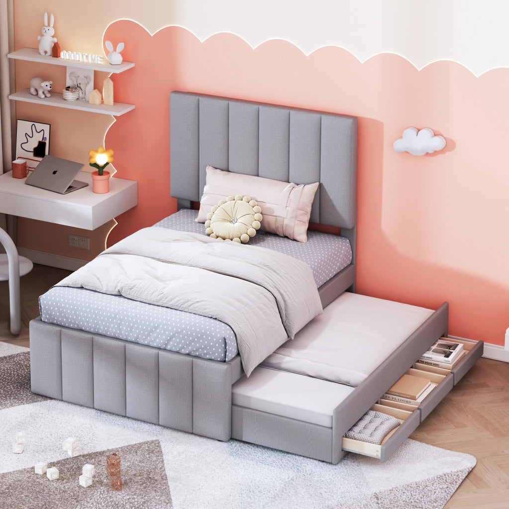 OKWISH Letto con Cassetti 90×200 cm, Letto Singolo con Letto Estraibile, 3 Cassetti e Testiera Regolabile, senza Materasso, Grigio