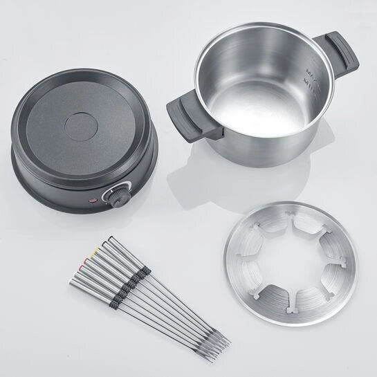 Severin 2470 Set Fonduta Elettrico 1500 W Capacita' 1,4 L 8 Forchette Colorate Paraspruzzi Rimovibile Termostato Regolabile colore Argento Nero