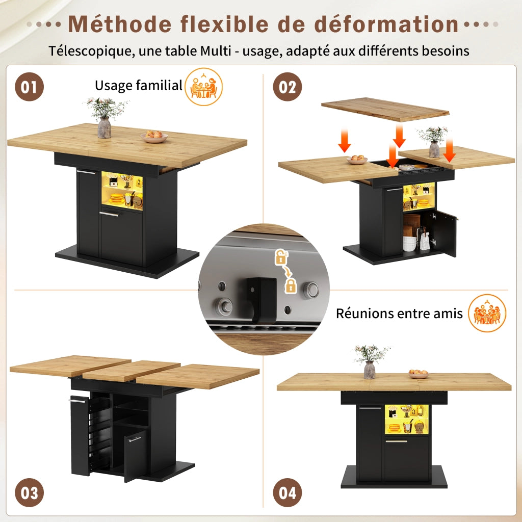 Tavolo da pranzo allungabile con contenitore e illuminazione LED; per soggiorno e sala da pranzo; MDF nero